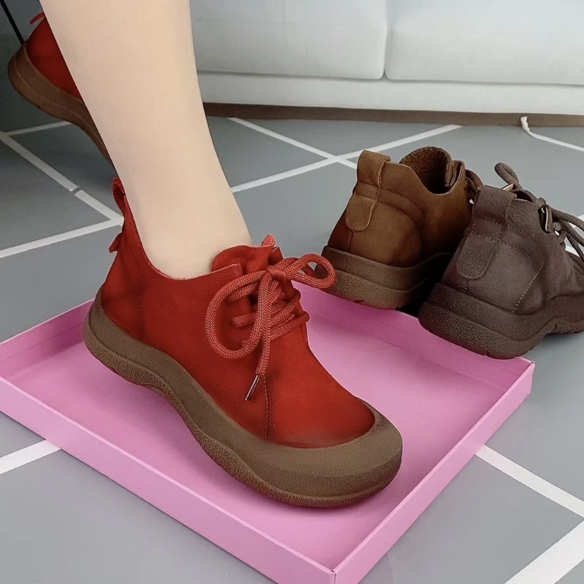 856881真皮休闲女鞋头层牛皮圆头厚底软皮软面舒适系带百搭单鞋