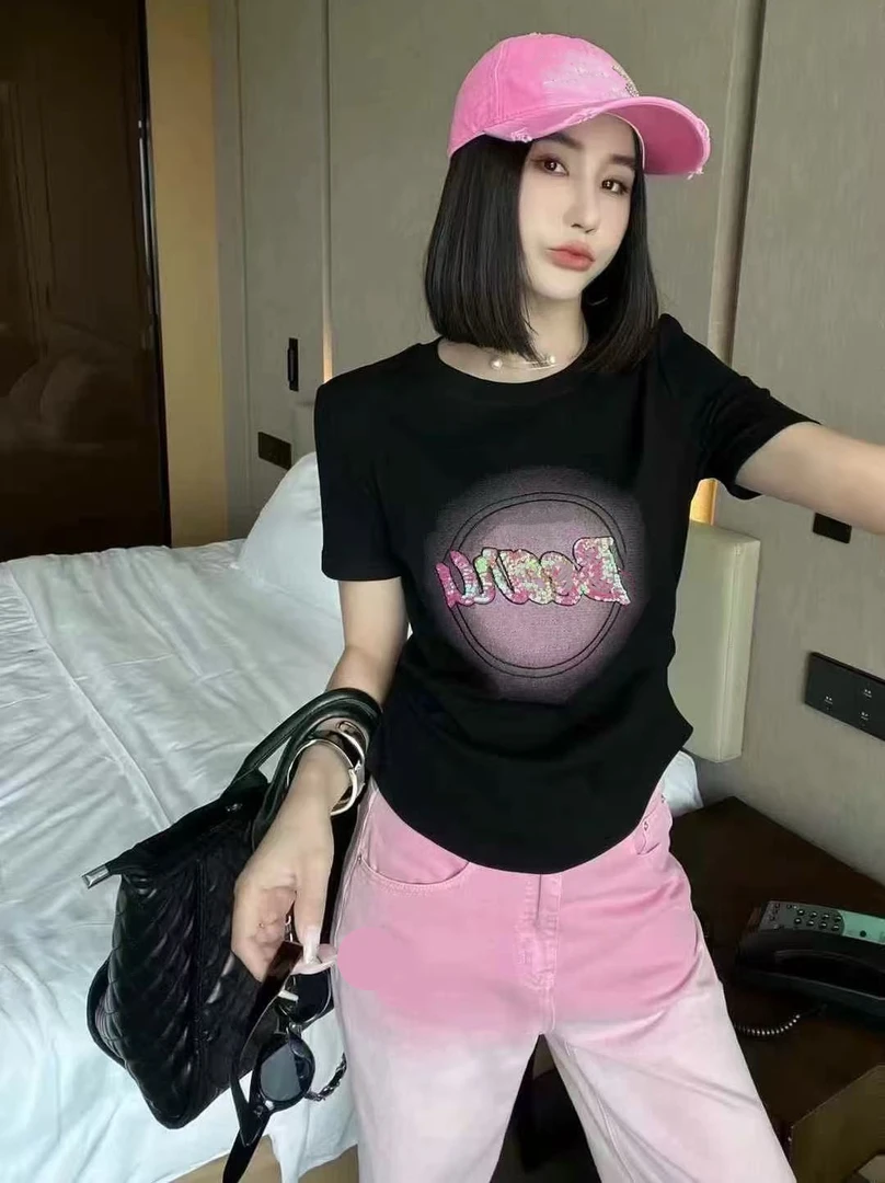 【8001】丰#休闲百搭字母褶皱圆领修身上衣