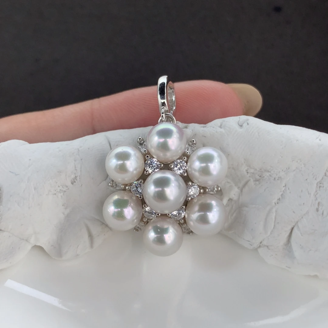 定制海水珍珠银S925镶嵌吊坠(不含链)极光akoya5.5-6.5mm万能扣