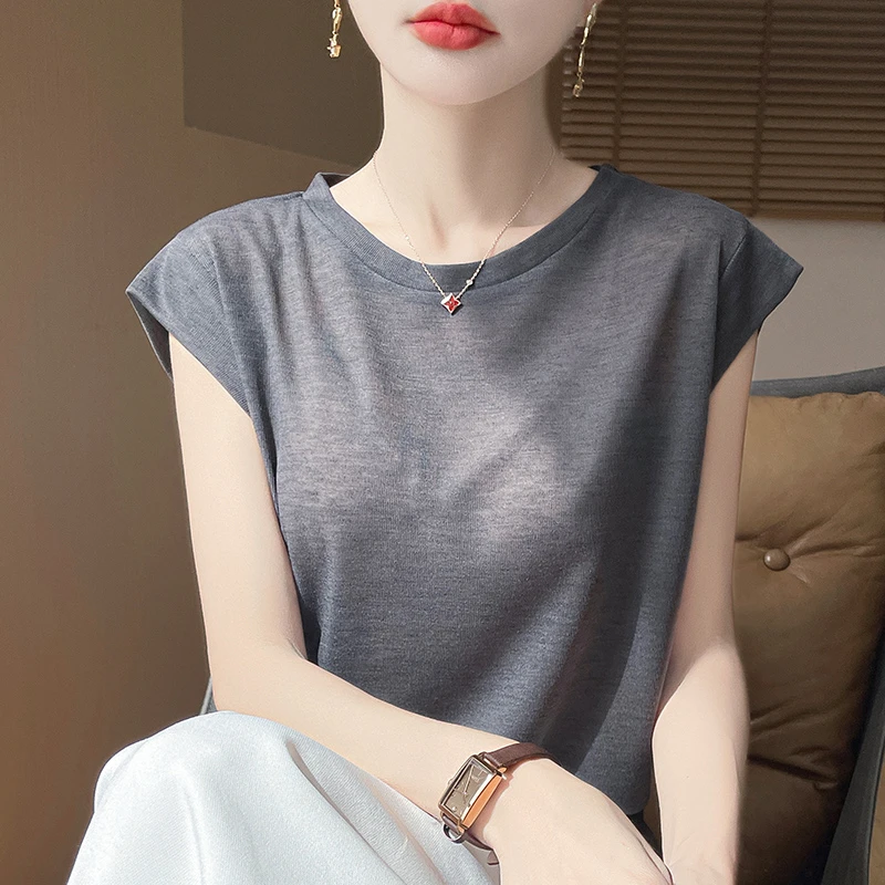 【现货宠粉】新款圆领小飞袖显瘦洋气纯色气质亲肤夏季针织打底衫