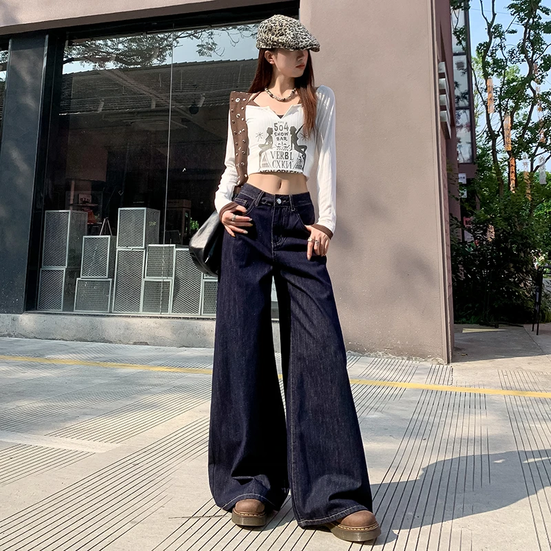 早秋新款年丹宁高腰阔腿牛仔裤女显瘦百搭复古宽松皮牌豹纹垂拖地