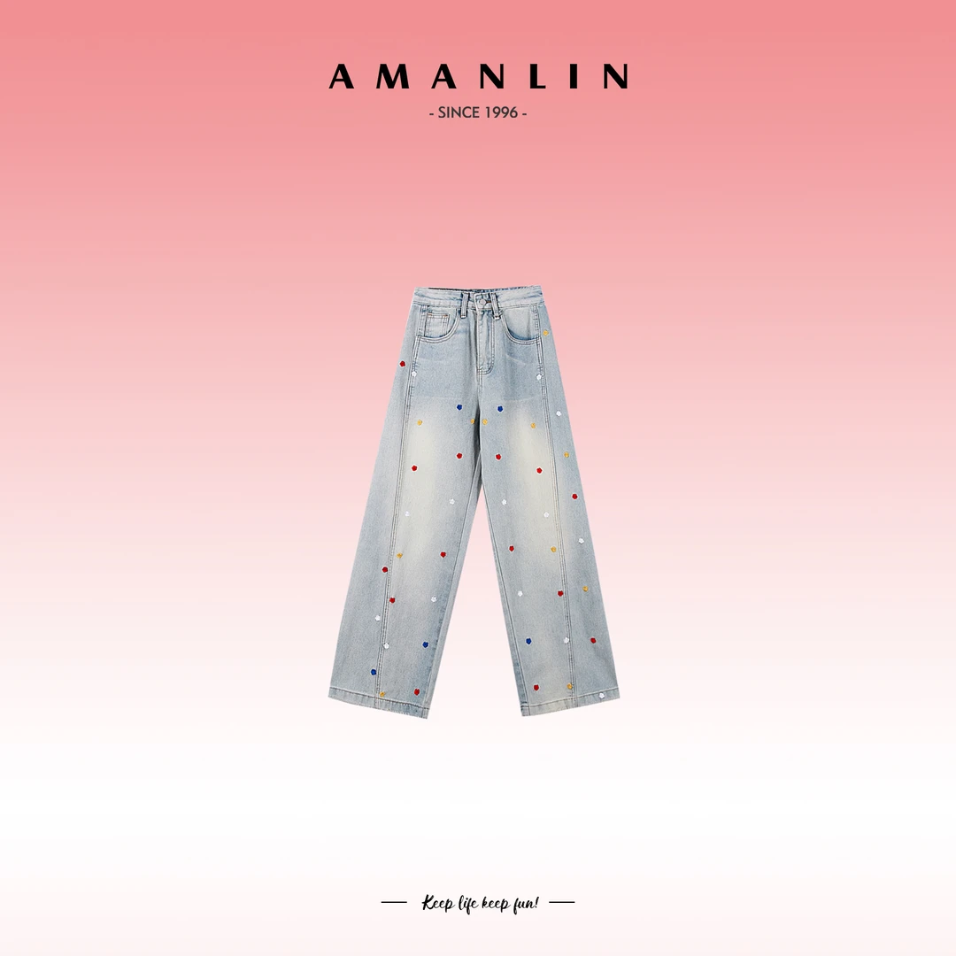 【AMANLIN】直筒阔腿牛仔裤欧若风2025新款蓝色时尚复古裤子F595562