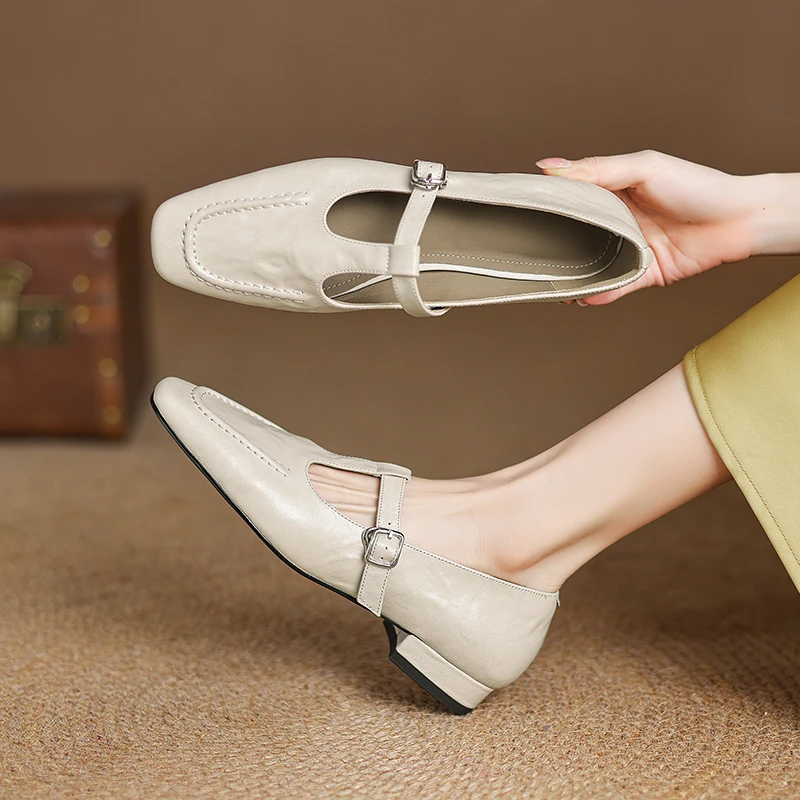 2025新款真皮玛丽珍浅口单鞋女英伦风方头平底复古舒适百搭软底鞋