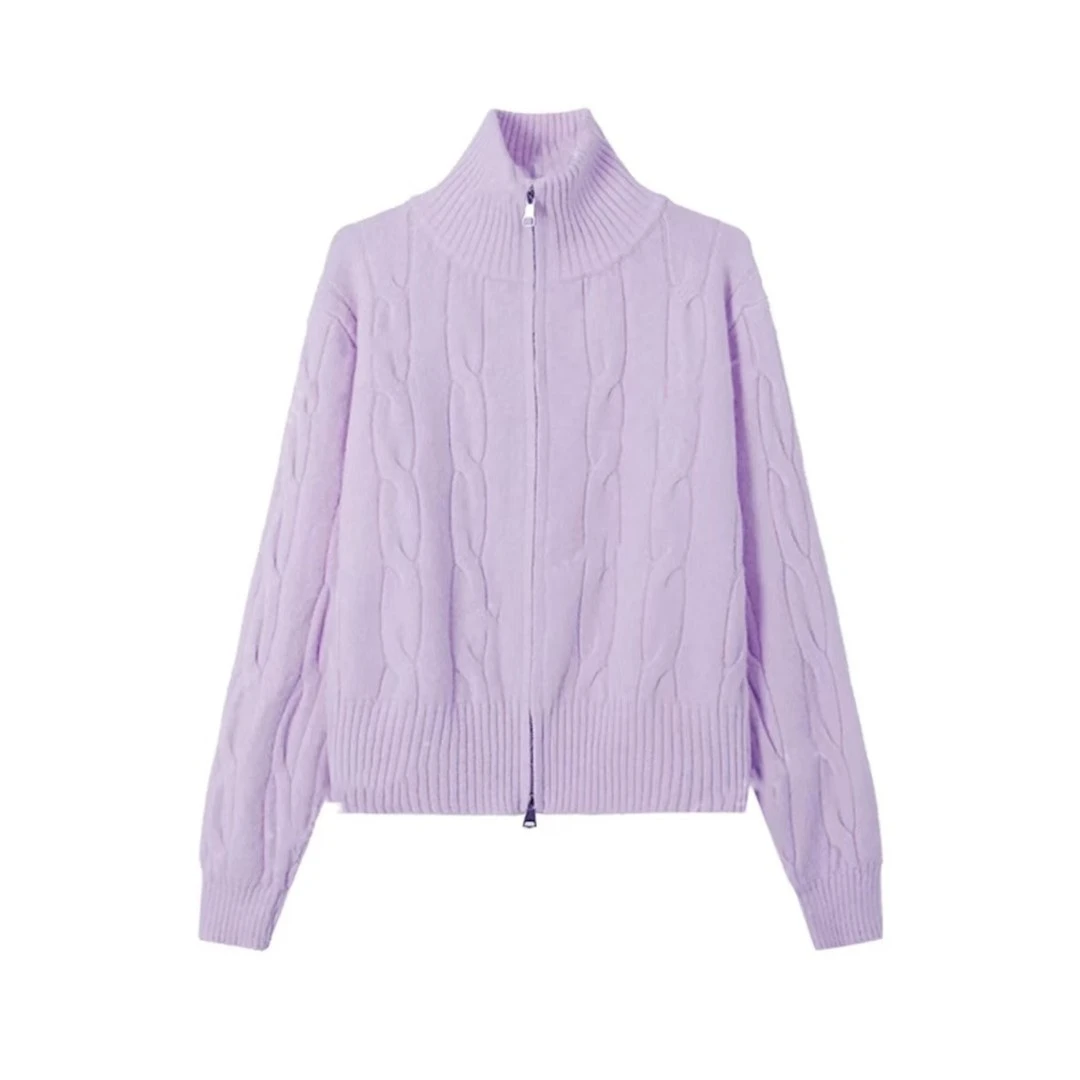 5079秋冬纯色高领开衫毛衣女针织短款麻花加厚外套