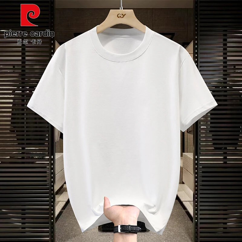 皮尔卡丹短袖夏季简约纯色T恤男装百搭男士休闲防皱圆领潮流白色