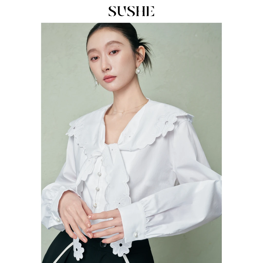 束皙SUSHE 画檐 法式浪漫2025春季新款重工镂空绣花棉感气质衬衫