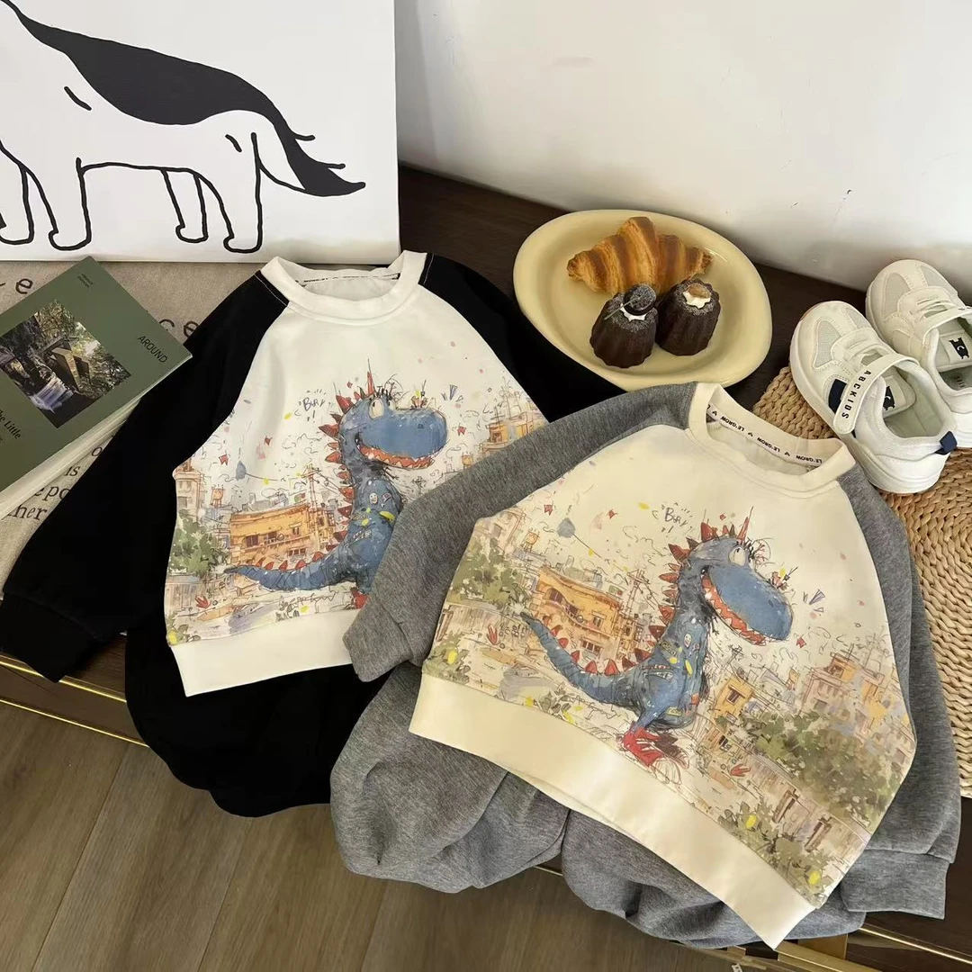 儿童春秋卡通涂鸦小恐龙卫衣两件套H1964