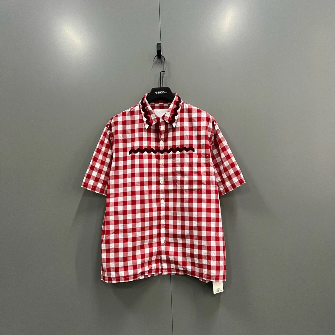 95新 Prada/普拉达 ab1015 303161 拼色格子短袖衬衫 XL码