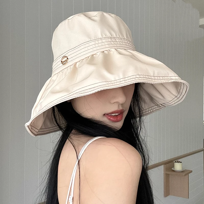 赫本风防晒帽子女夏季可折叠抽绳大檐渔夫帽纯色高级感遮阳太阳帽