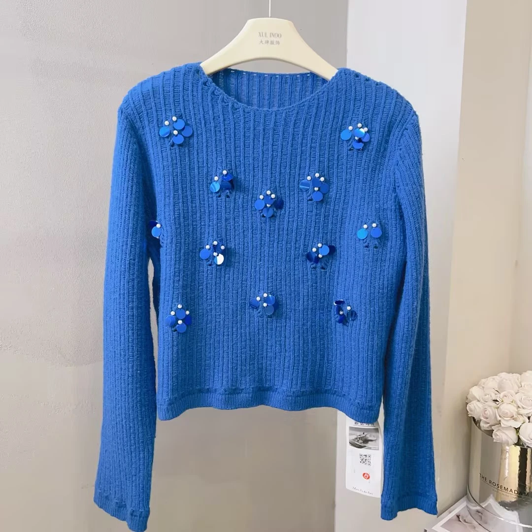 丨秋冬新款蓝色亮片潮流时尚休闲气质针织衫 5621