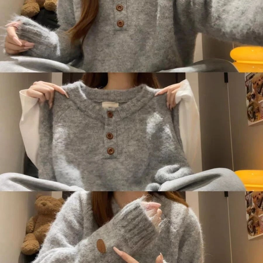 韩版慵懒风外穿圆领短款毛衣开衫春秋款设计感纽扣小众气质针织衫