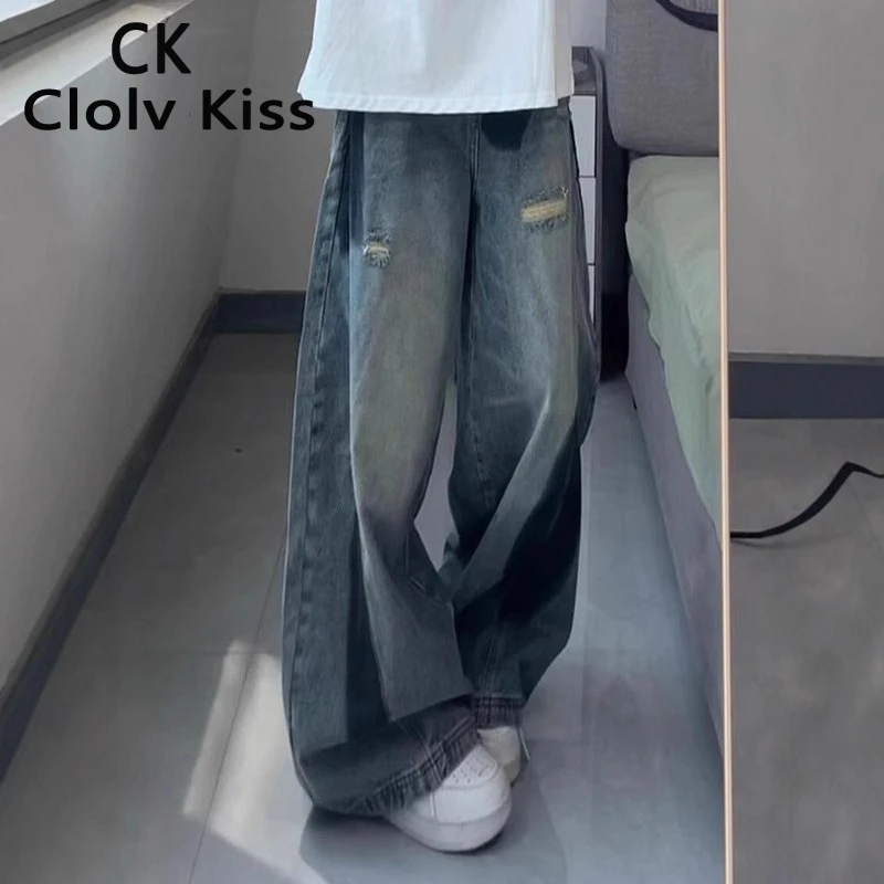 Clolv&Kiss小CK美式复古涂鸦脏染破洞牛仔裤男宽松直筒潮牌痞帅阔