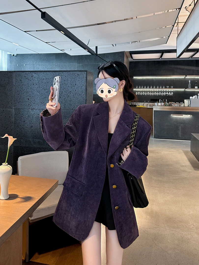 时尚复古紫色显白外套女2025秋冬季新款高级感百搭韩系单排扣西服