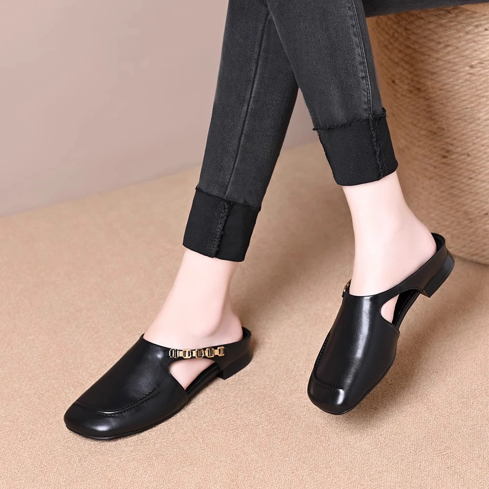 百搭方头半拖鞋女外穿2025新款夏季包头懒人平底一脚蹬博肯凉拖鞋