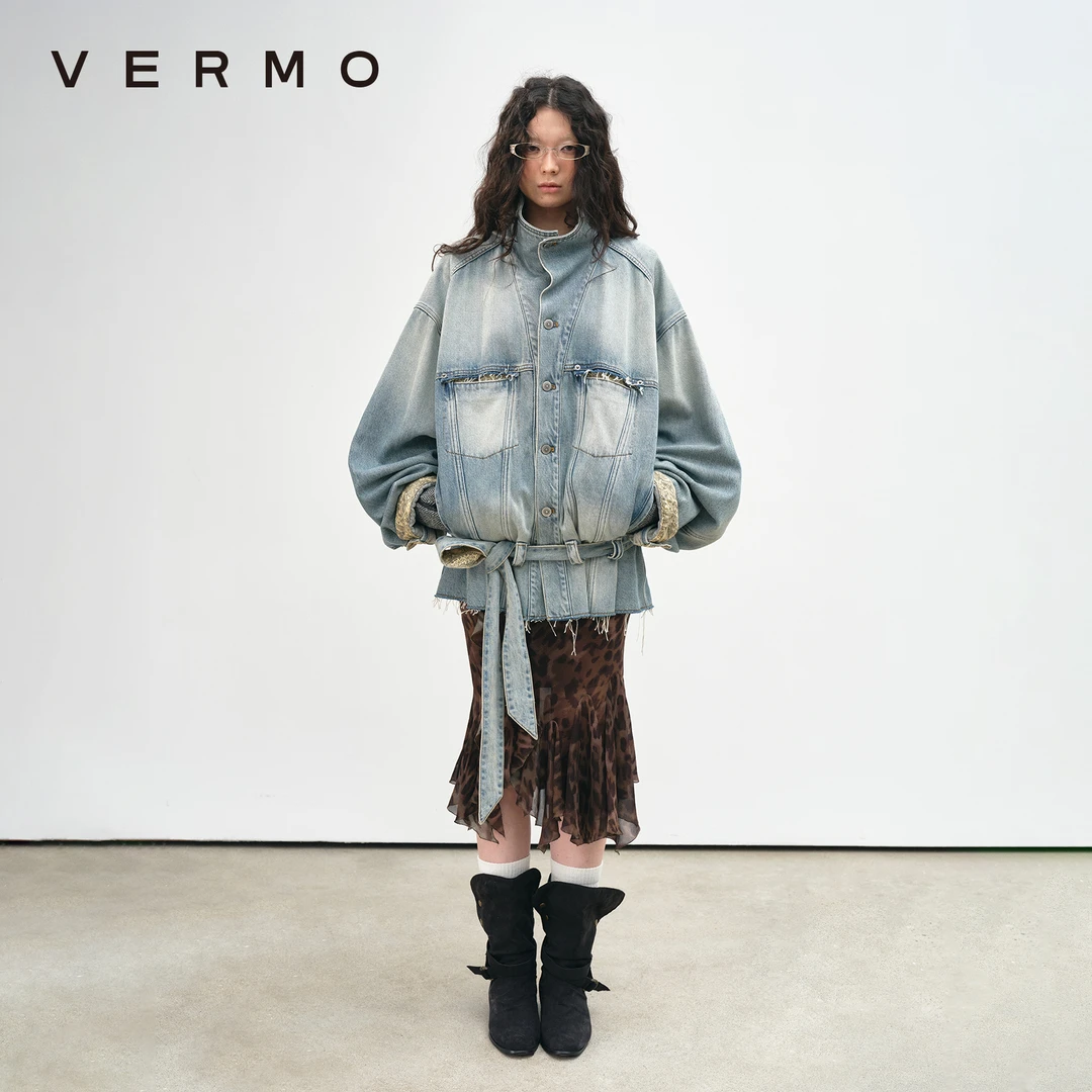 VERMO 复古水洗 柔软天丝棉烟囱领宽松牛仔外套9625