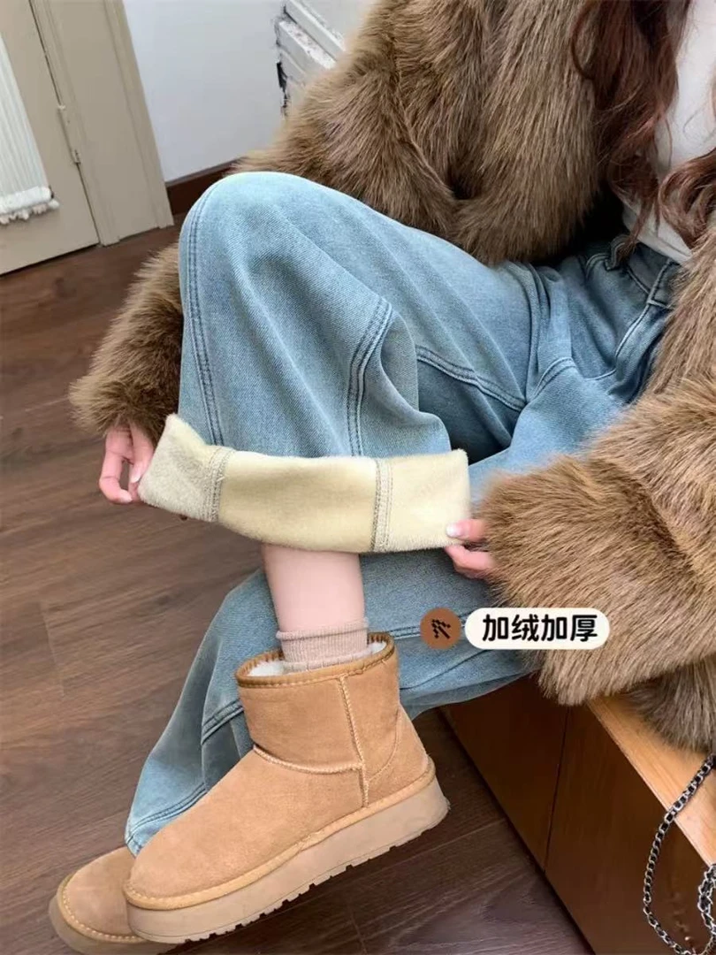 2.阔腿牛仔裤高腰秋冬厚款加绒百搭保暖女冬季