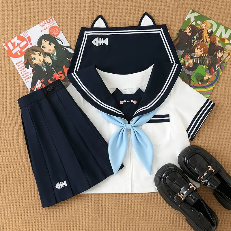 萌萌纪正版小猫原创jk制服水手服套装可爱蓝色领结短袖半身裙学院