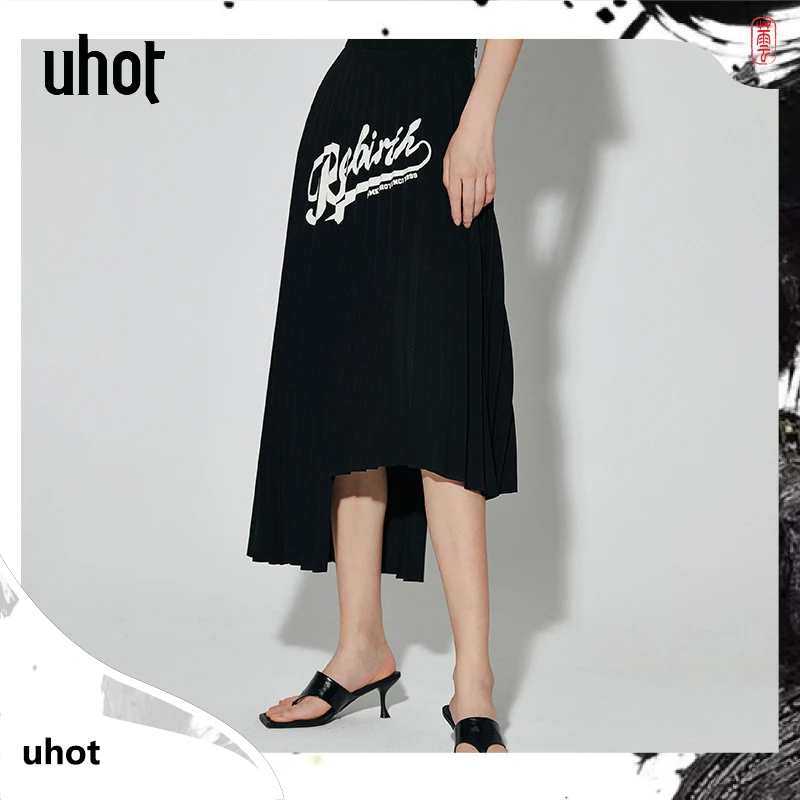Auuuu/UHOT 夏季不规则黑色时尚百褶半裙 UWERC5Q396