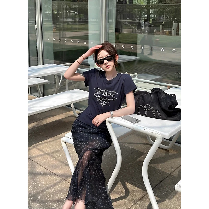 韩系夏天衣服纯欲风圆领短袖T恤上衣高腰微透波点半身长裙套装