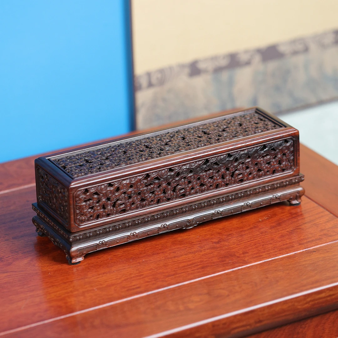 老挝大红酸枝全独板祥云卧香盒嵌黄杨木镂空满雕清式故宫同款香炉