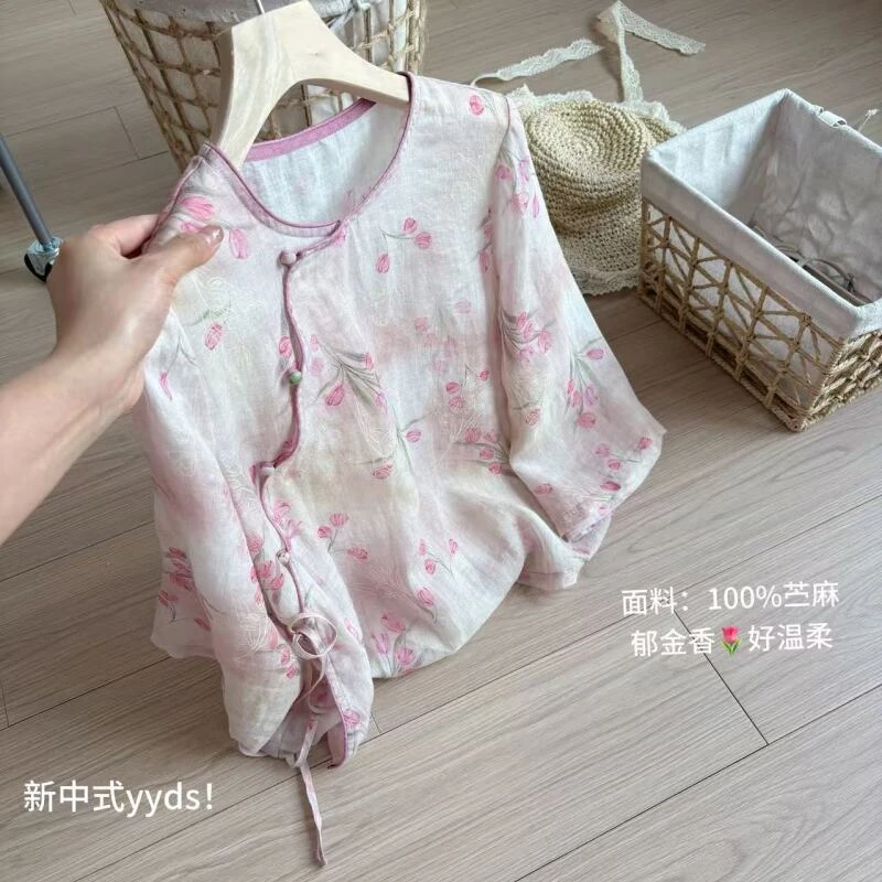 小柒家A00102-夏季新款新中式宽松短款圆领盘扣苎麻七分袖印花薄