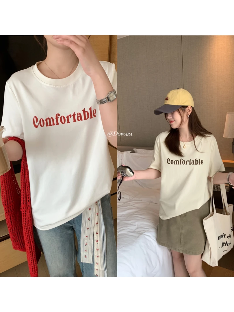 现货6710D大婉酱肉肉微胖定制【里约浪潮】宽松字母印花短袖T恤