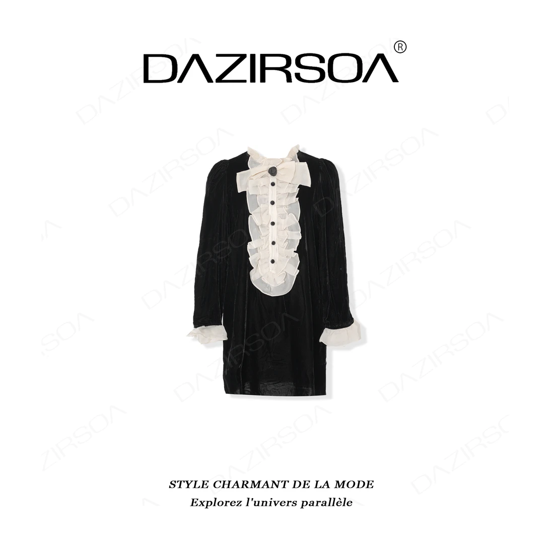 DAZIRSOA/达姿“复古名媛”气质百搭拼接木耳边连衣裙 W766