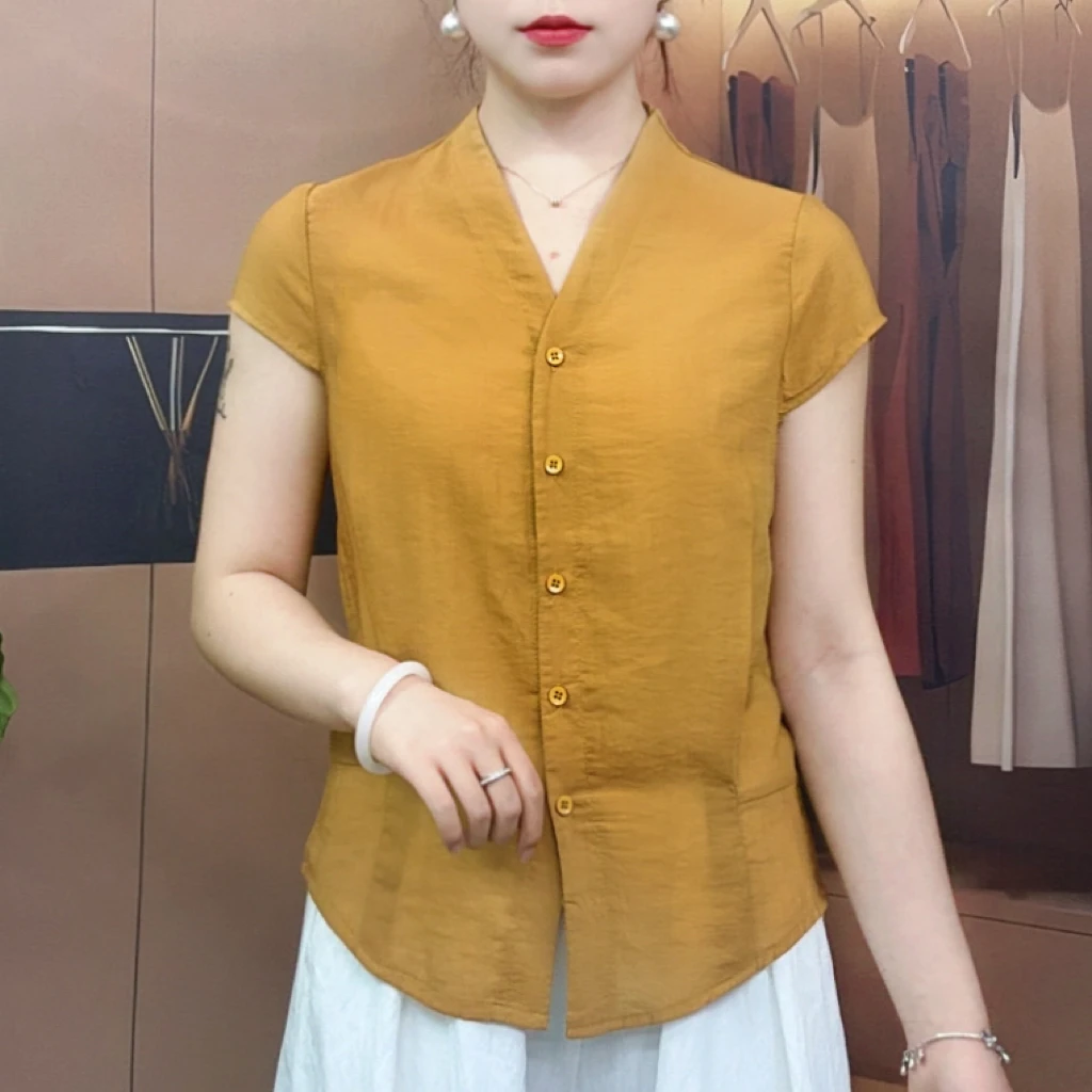 2025夏季气质时尚显瘦亲肤透气简约时尚女士纽扣V领短袖上衣1515