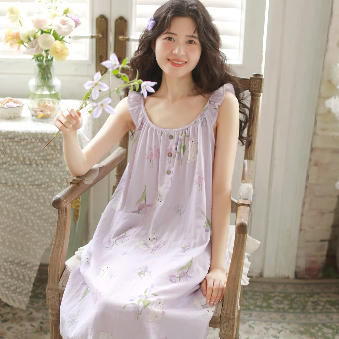 『鸢尾兔』富朵带胸垫吊带睡裙女夏季纯棉纱布睡衣甜美可外穿家居裙