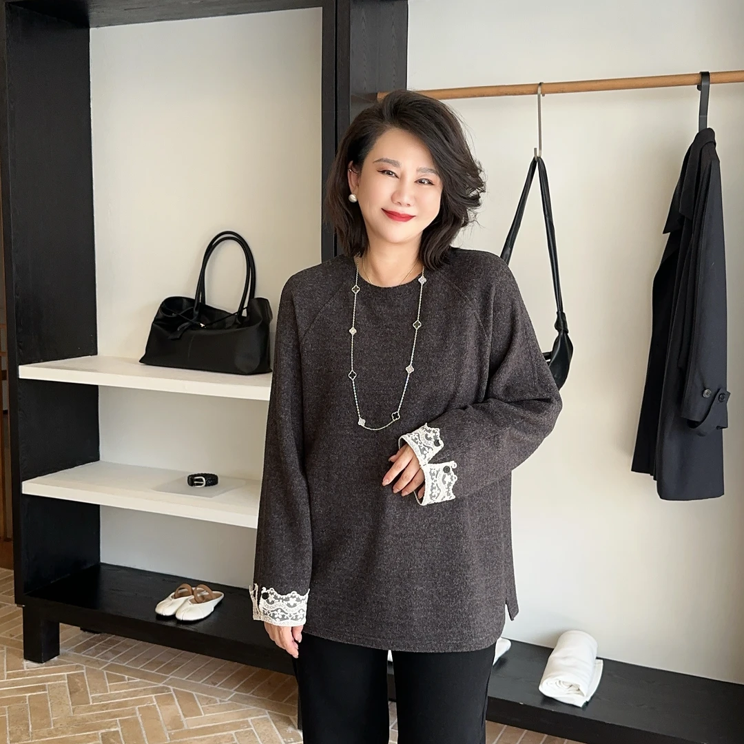 微胖女装【极地灰域】仿羊绒复合汗布底蕾丝拼接卫衣加厚秋冬20868