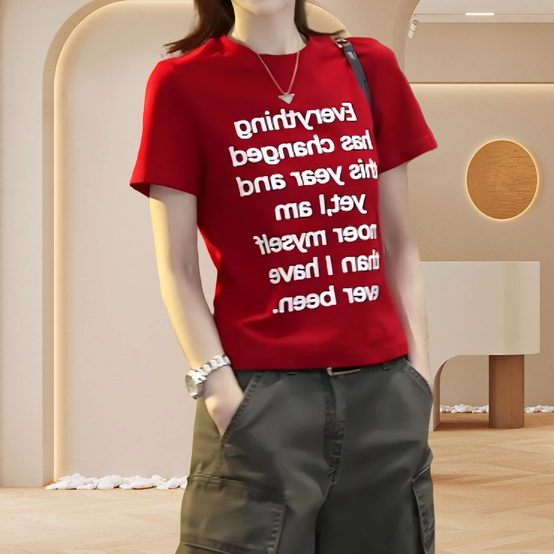 修身型常规字母短袖印花T恤半袖修身红色运动女士圆领夏季