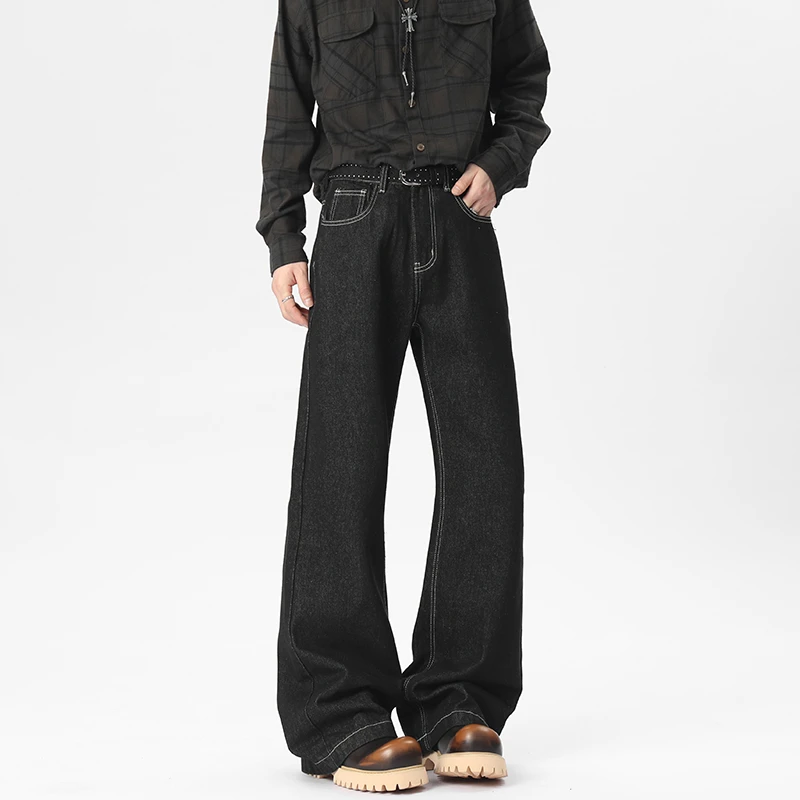 美式丹宁原牛微喇牛仔裤男cleanfit潮牌宽松直筒休闲拖地长裤