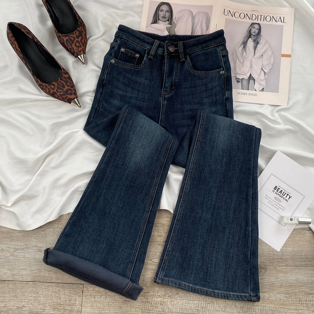 雾霾蓝高腰加绒微喇牛仔裤女2025年冬季新款辣妹弹力修身马蹄裤女