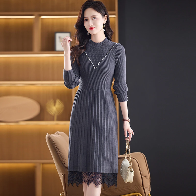 洋气妈妈修身显瘦连衣裙秋冬2025新款收腰显瘦针织毛衣裙气质打底