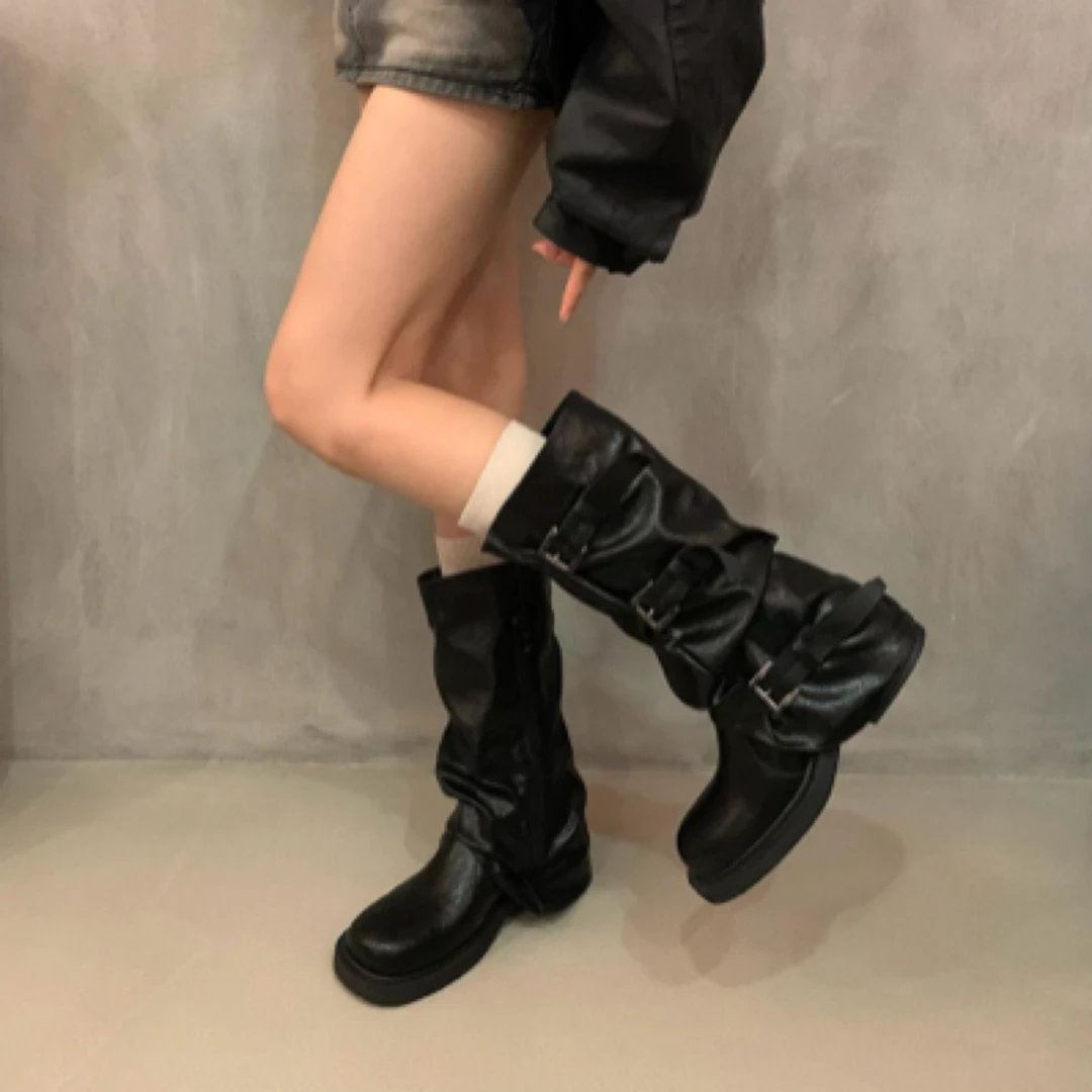 小众复古粗跟中高筒靴西部牛仔堆堆靴骑士靴早秋马丁靴法式女靴子