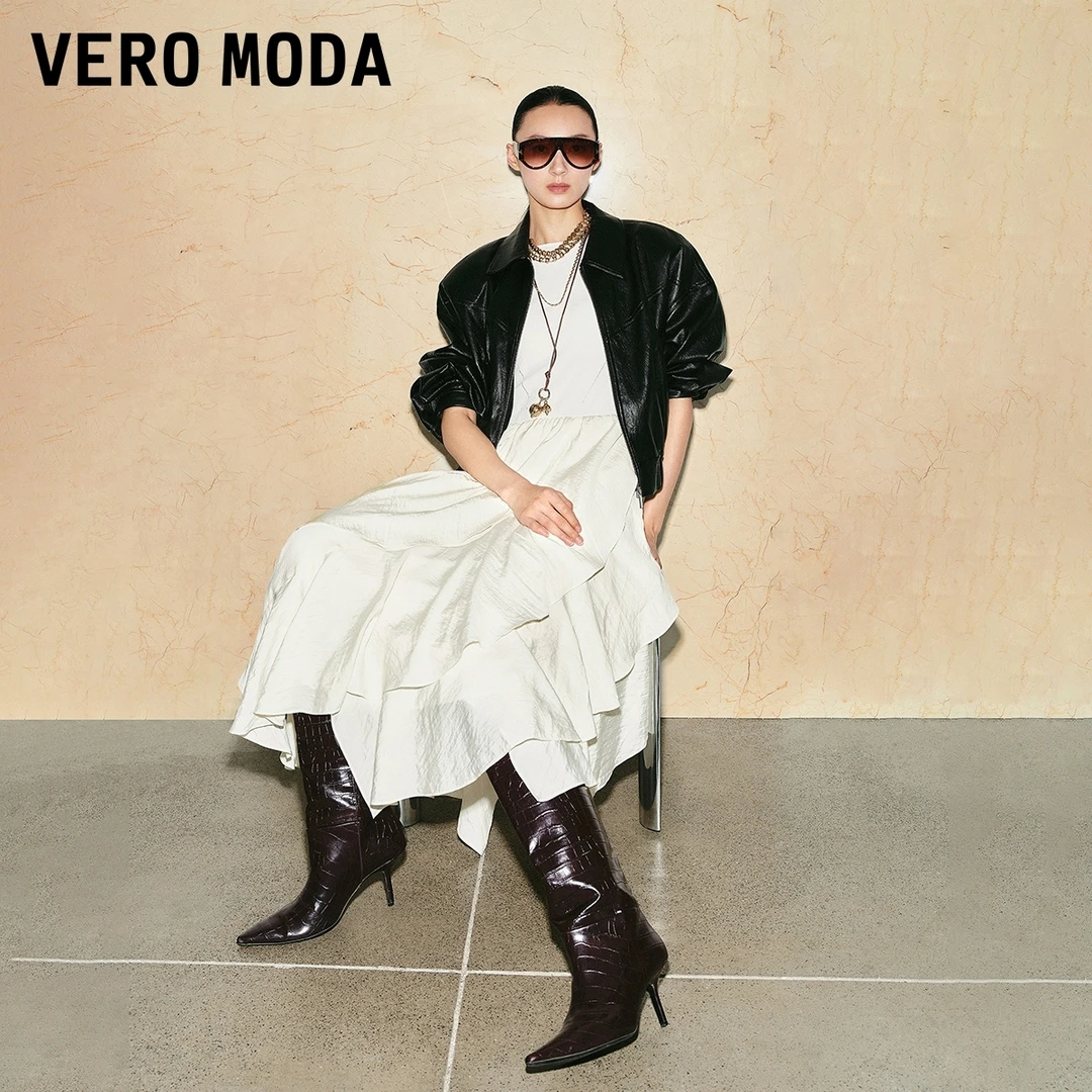 Vero Moda夹克25新款含棉翻领松紧底摆纯色外套PU流光风325317040