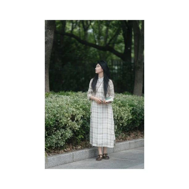 【粉丝福利 慢慢变蓝七折优惠】浅绿格苎麻旗袍夏日清新旗袍21L4379