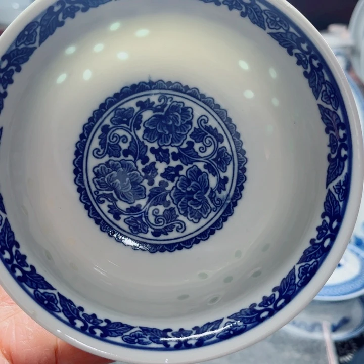 青花玲珑5寸饭碗牡丹花