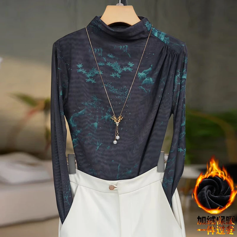 500#加绒高贵上档次小衫2025新款潮流气质时尚显瘦网纱打底衫