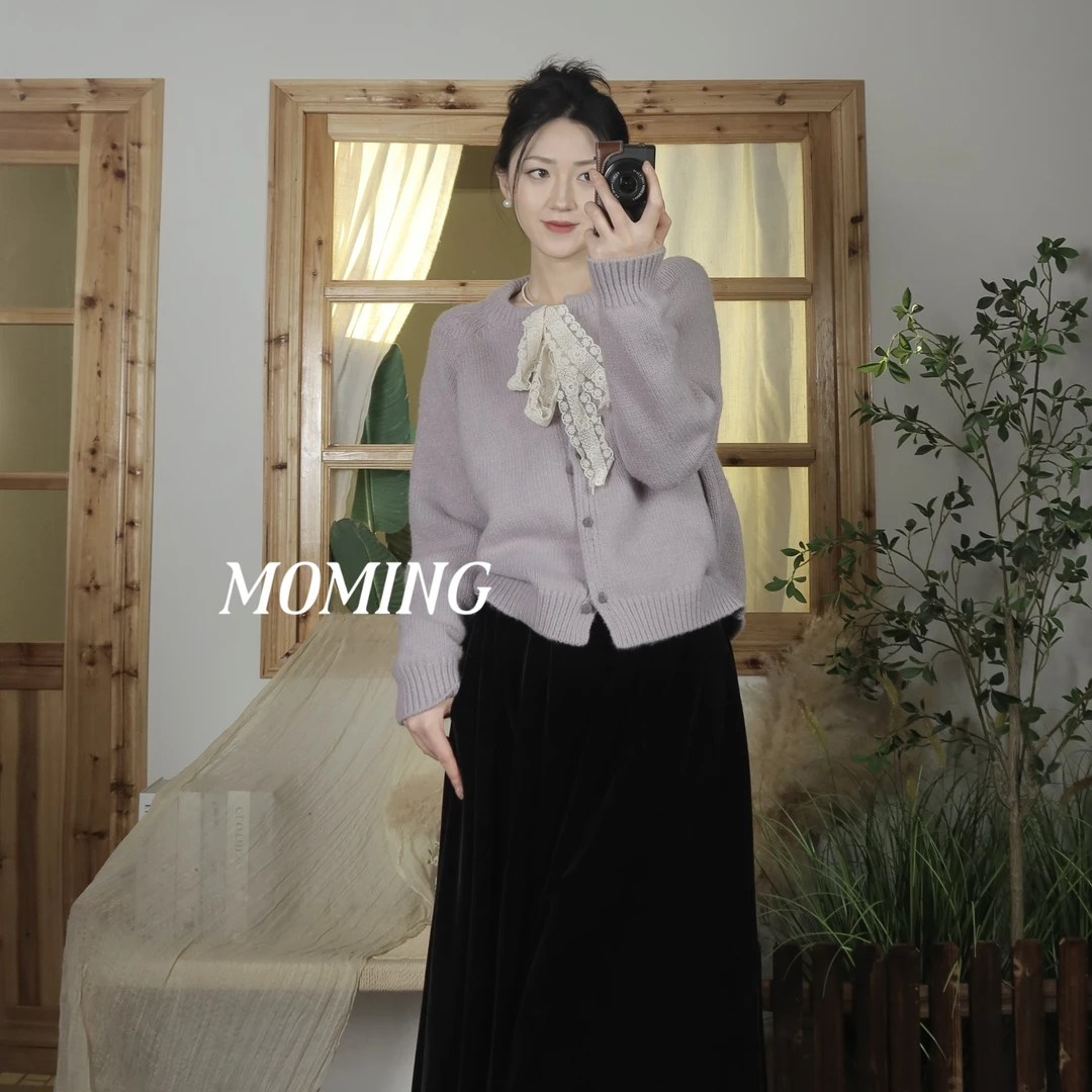 MOMING冬季新品 紫檀 韩系温柔感蕾丝抽绳设计感针织毛衣