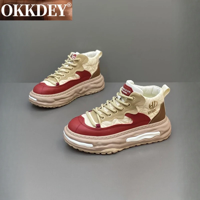 okkdey男鞋冬季加绒棉鞋高帮板鞋厚底增高鞋真皮百搭休闲鞋子男