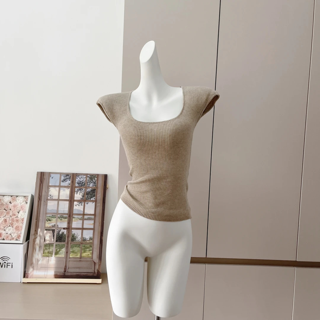 2025年新款夏季韩版U型短袖t恤女针织衫上衣薄款修身显瘦时尚