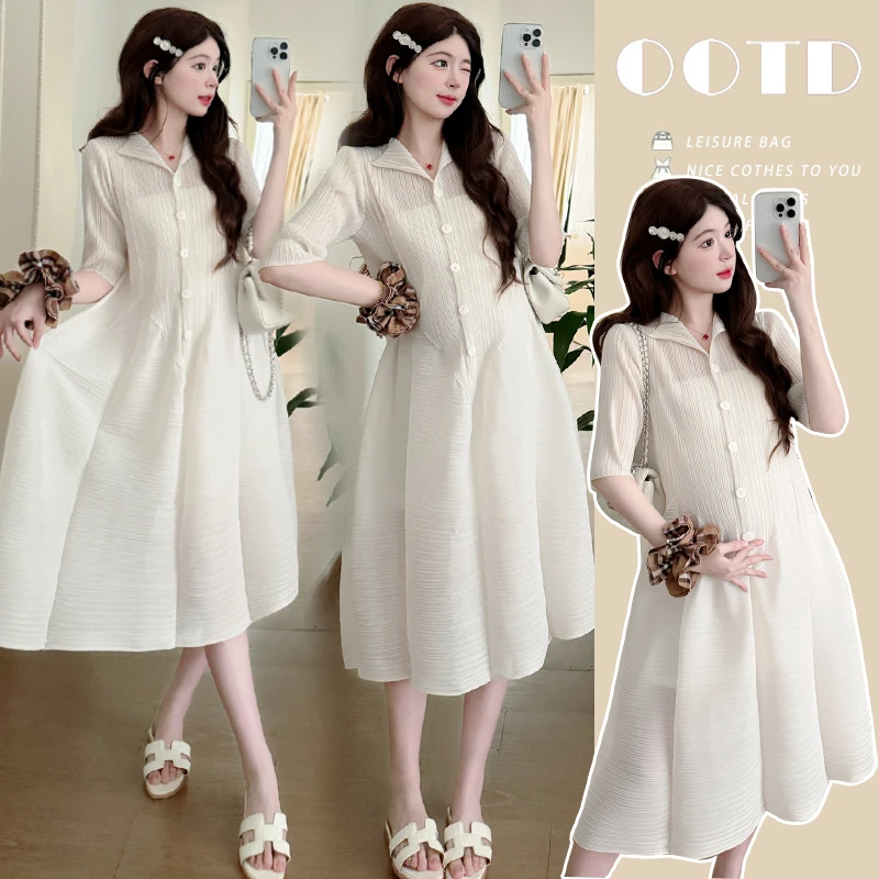孕妇夏季时尚洋气宽松气质褶皱连衣裙小清新大码小个子中长款套装