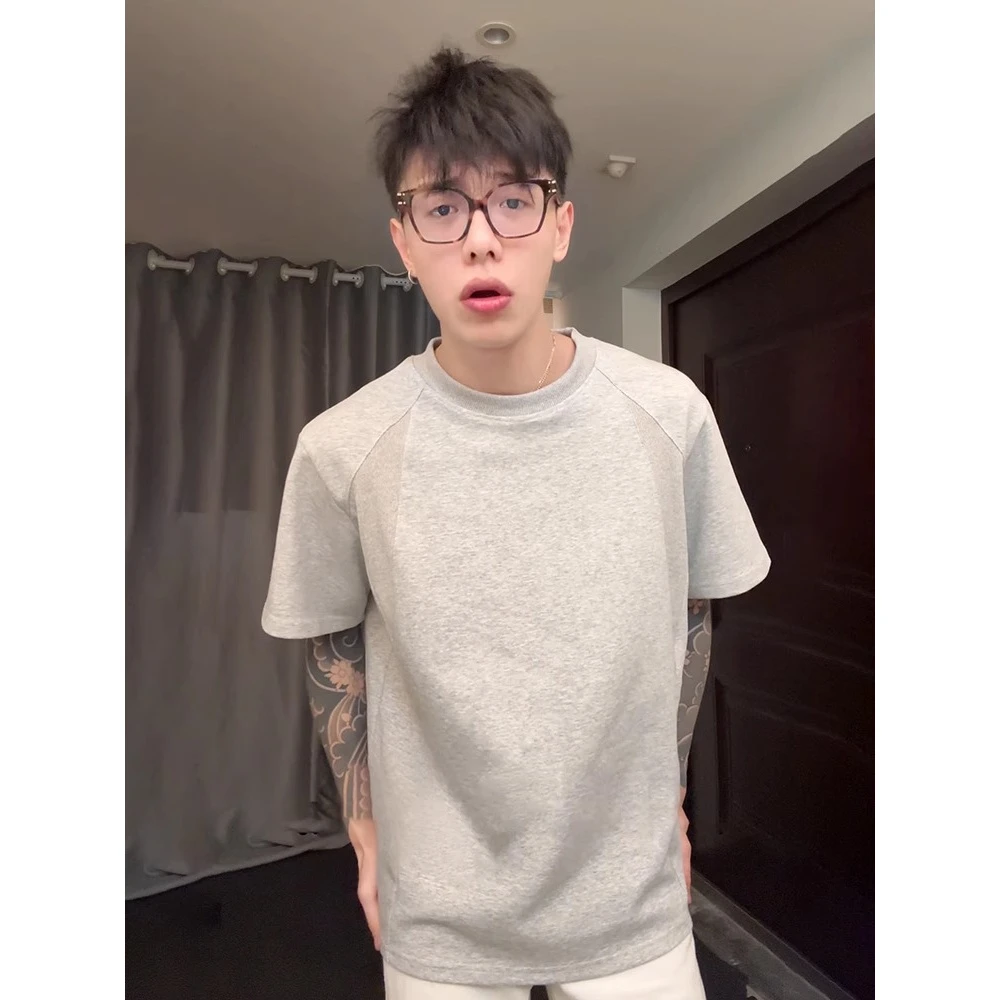 空气层拼接重磅硬挺短袖t恤男夏季美式潮牌痞帅太空棉正肩五分袖