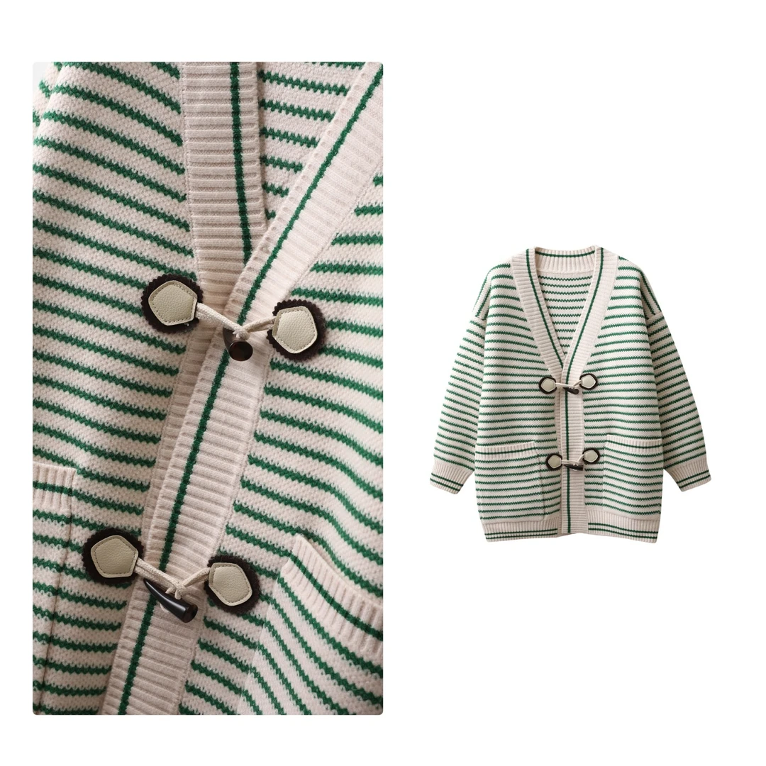 清 清 清」经典细条纹~大V设计时尚女式针织开衫H00224