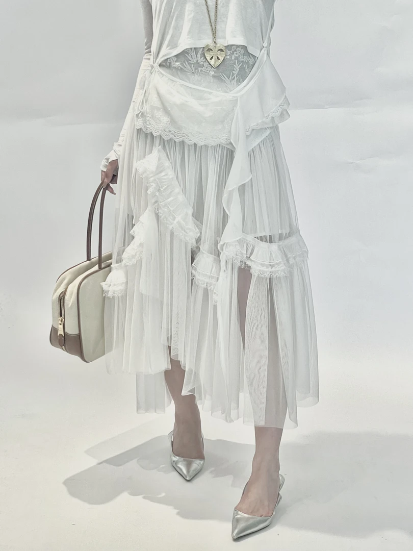 河岸家买手店设计师丿未·PUREVENUS白色极光蕾丝纱裙中长半裙25春