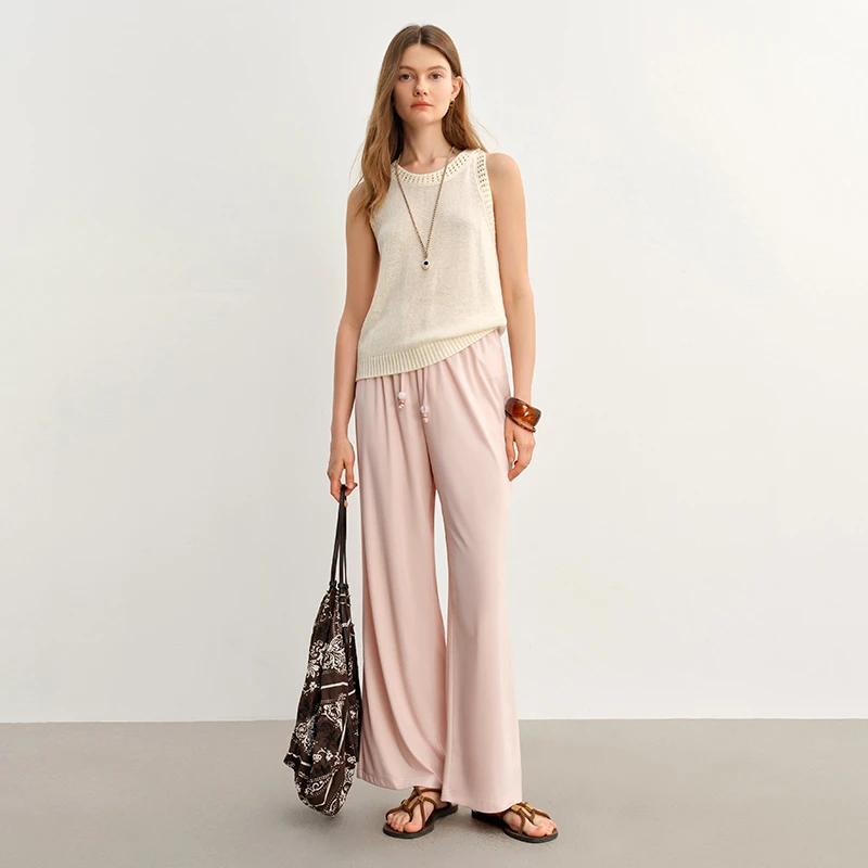 大码女装时尚高腰百搭松紧收腰粉色显瘦直筒裤25DS82611