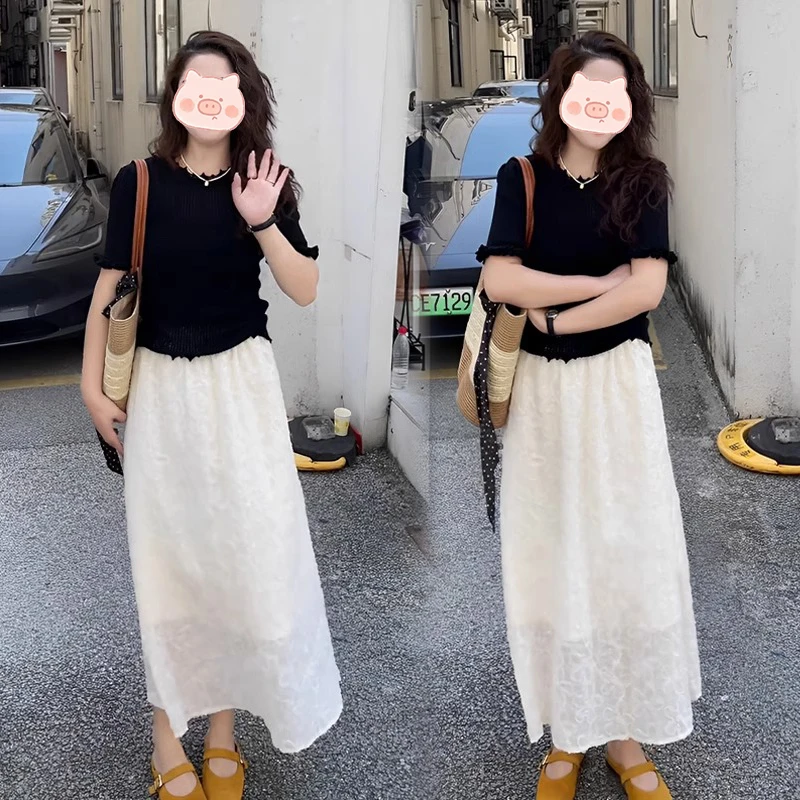 又酷又飒的穿搭套装韩系百搭短袖针织衫上衣蕾丝半身裙减龄两件套