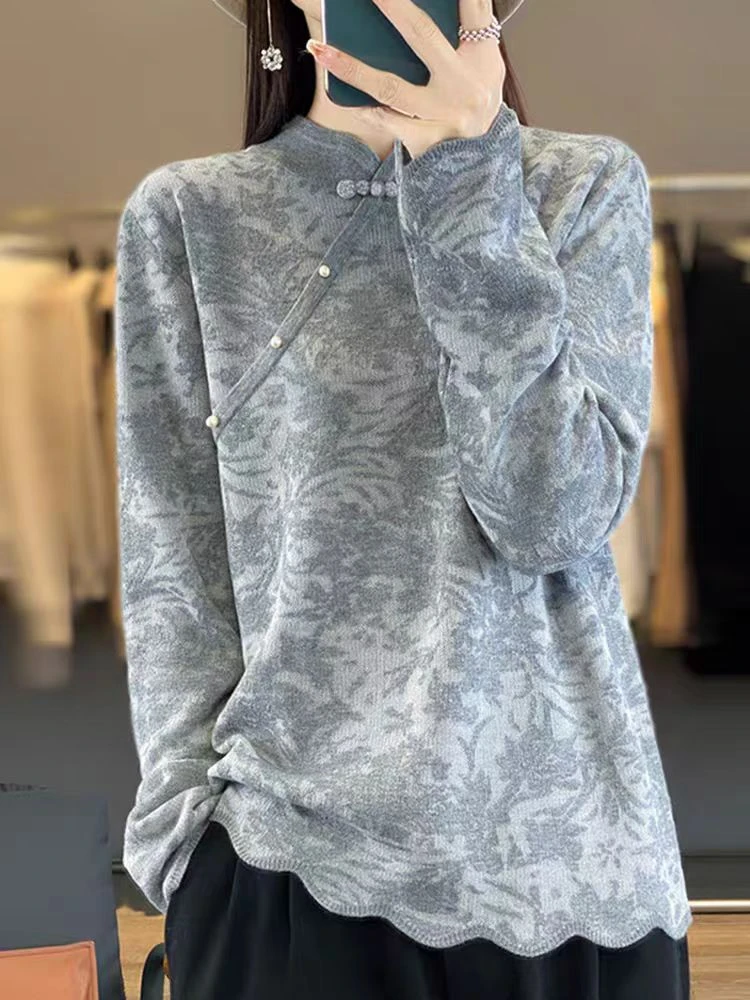 新中式毛衣女宽松遮肚子显瘦洋气上衣针织打底衫长袖女