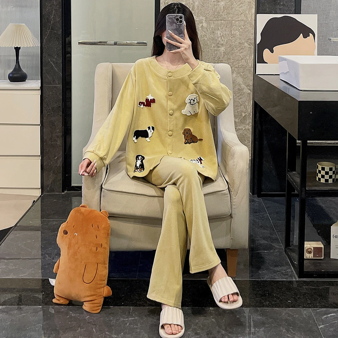 可爱绿色小狗睡衣女秋冬季羊绒保暖开衫日系ins可外穿家居服套装